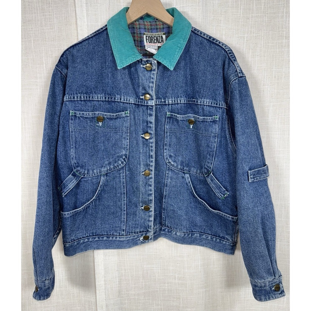 Vtg 80s Forenza Denim Chore Jacket M Teal Corduroy Collar Plaid Lined Women's